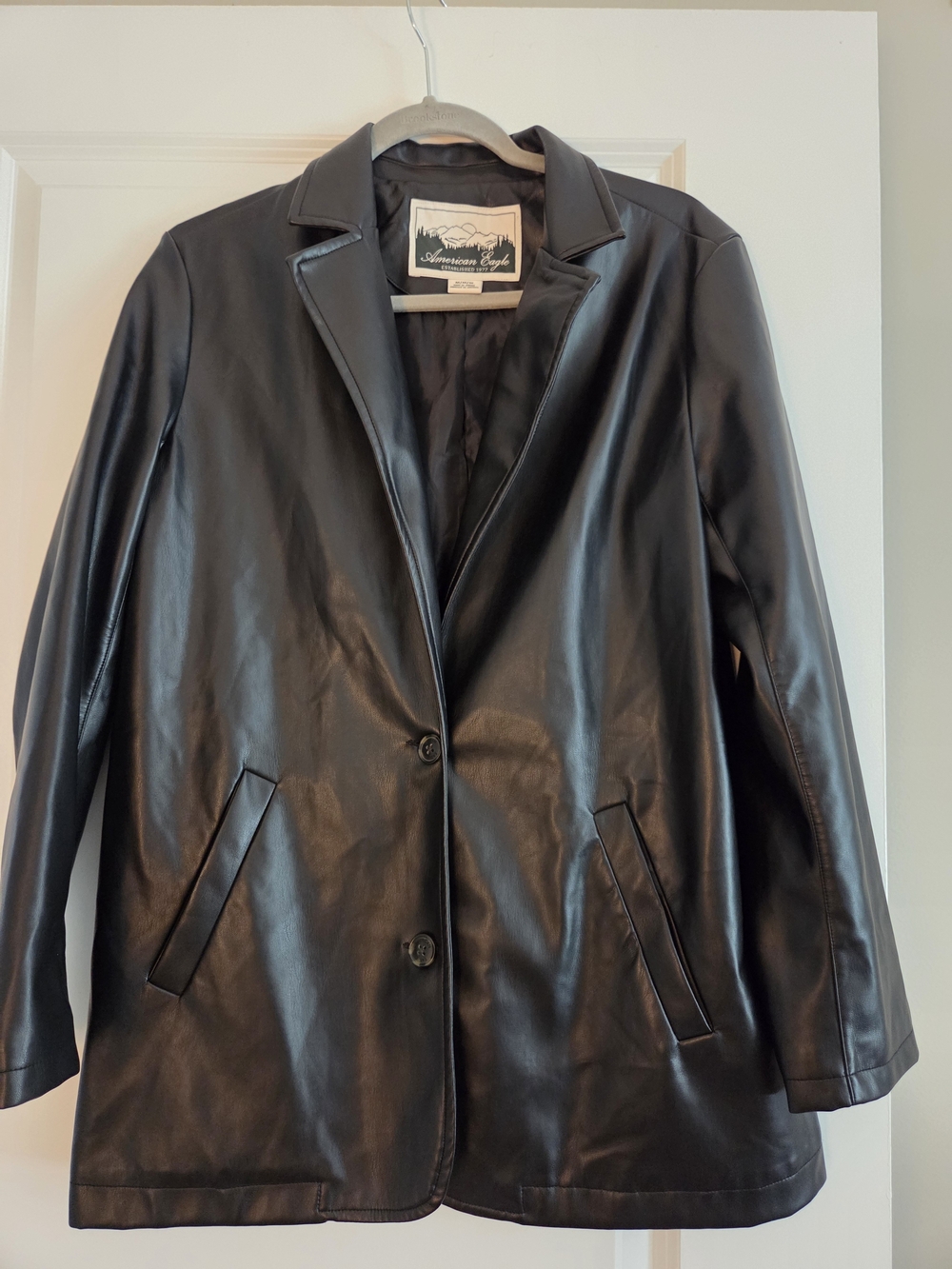 American Eagle Black Faux Leather Blazer Jacket Women's Medium Classic Vegan Lea